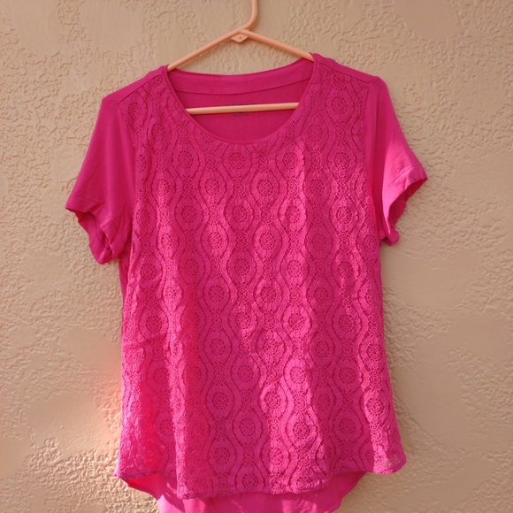 Pink Croft&Barrow Short Sleeves Blouse Medium Size Round Neck with Lace Front - Picture 12 of 13